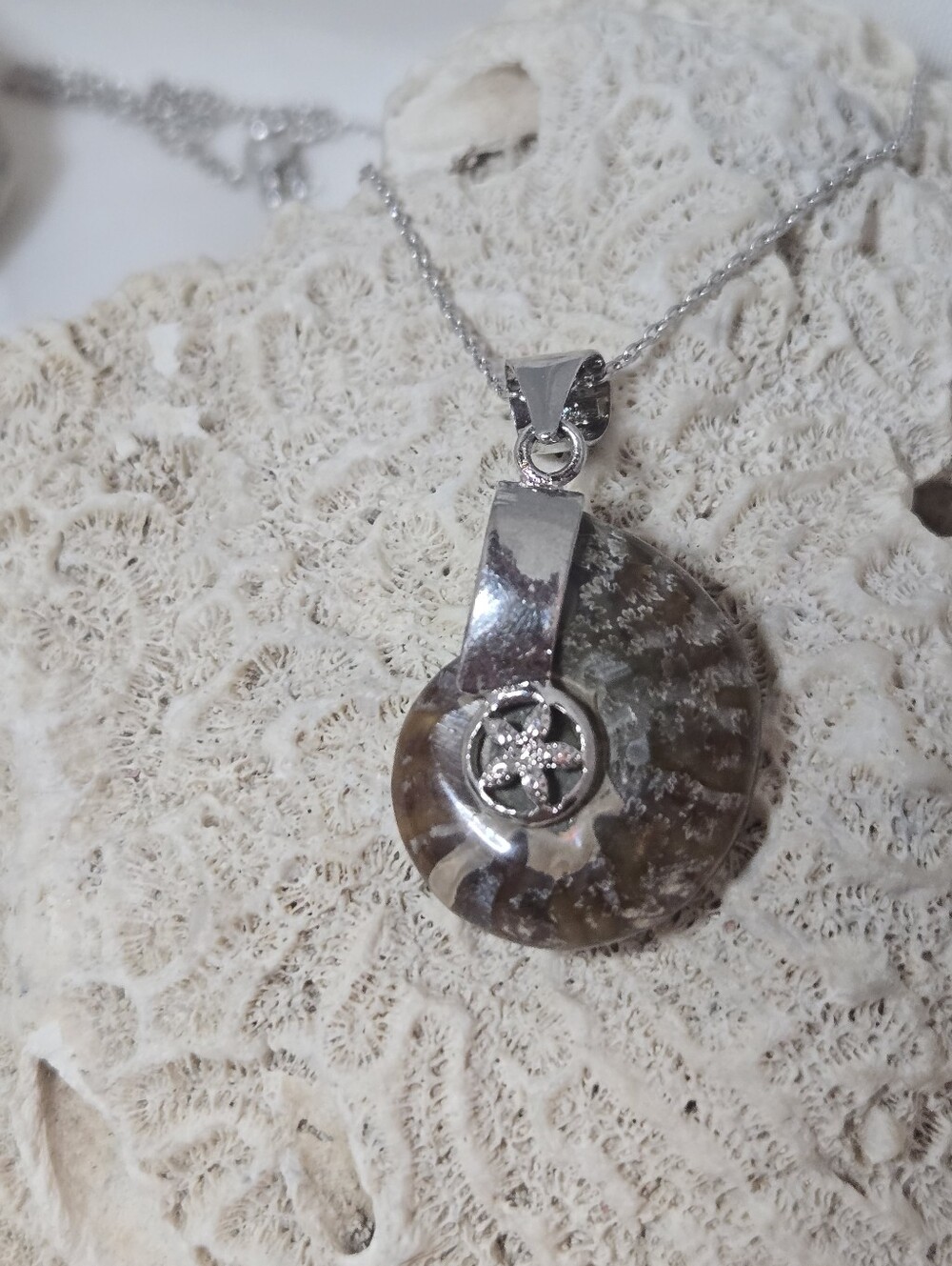 Sterling Silver Brown Ammonite Pendant Necklace - Beach Star Charm